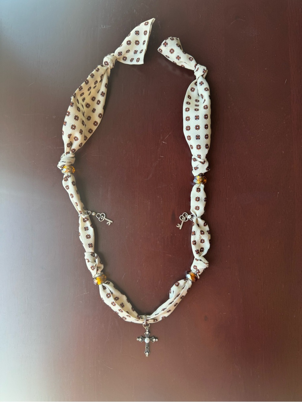 Cream Floral Scarf Necklace with Cross Pendant and Key Charms Handcrafted Boho